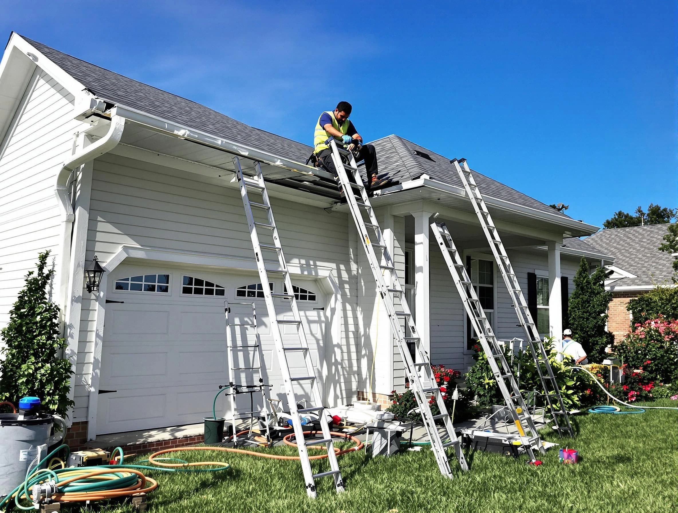 Removal of old gutters by Broadview Heights Roofing Company to install new system in Broadview Heights, OH