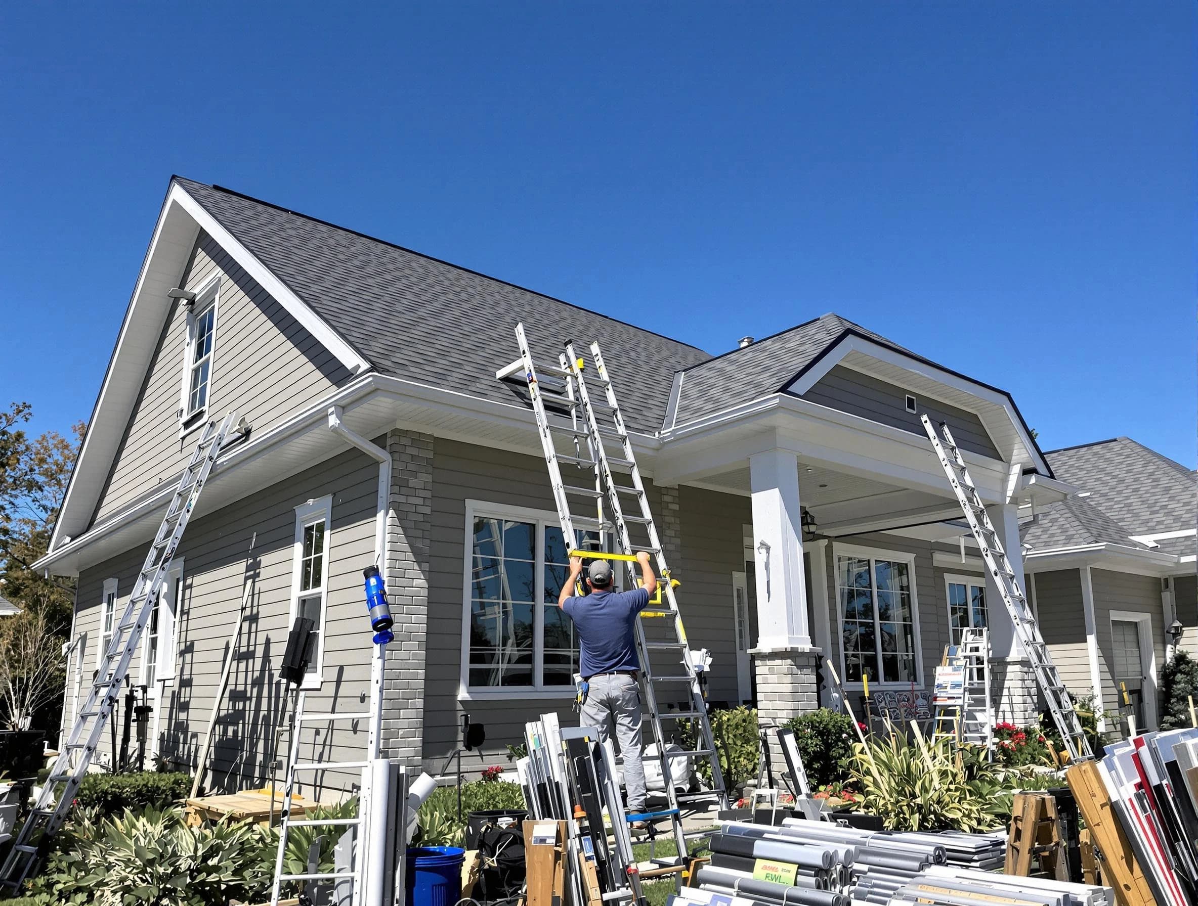 Broadview Heights Roofing Company fitting rain gutters at a home in Broadview Heights, OH